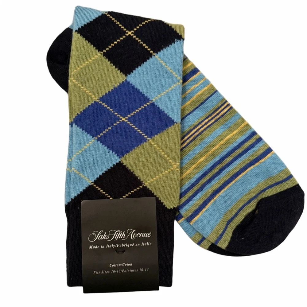 Saks Fifth Avenue Men’s Dress Socks Argyle & Stripe Blue Green Made in Italy